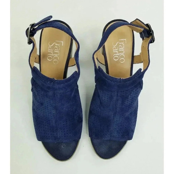 Franco Sarto Size 8M Women's Blue Suede Buckle Ankle Strap Open Toe Block Heel - Picture 9 of 13